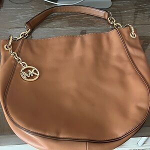 Michael Kors Cognac Leather Shoulder Bag with Gold Accent Charm